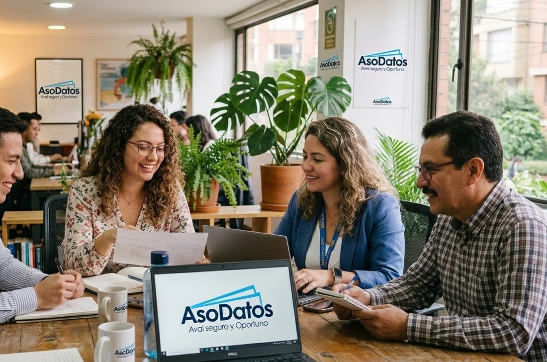 Equipo de ASODATOS atendiendo a un cliente en la oficina
