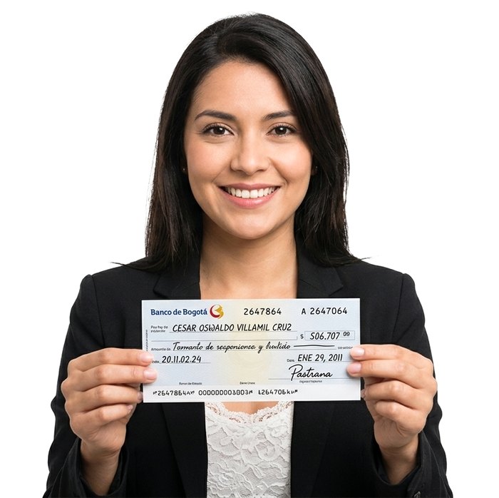 Clienta de ASODATOS sonriendo con un cheque avalado